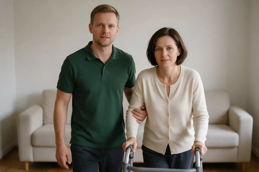 opiekun pomaga kobiecie chodzić z balkonikiem
