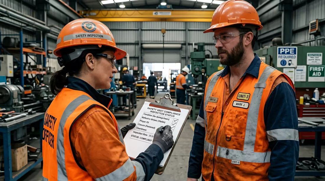 Specjalista BHP sprawdza liste kontrolna razem z pracownikiem w hali produkcyjnej