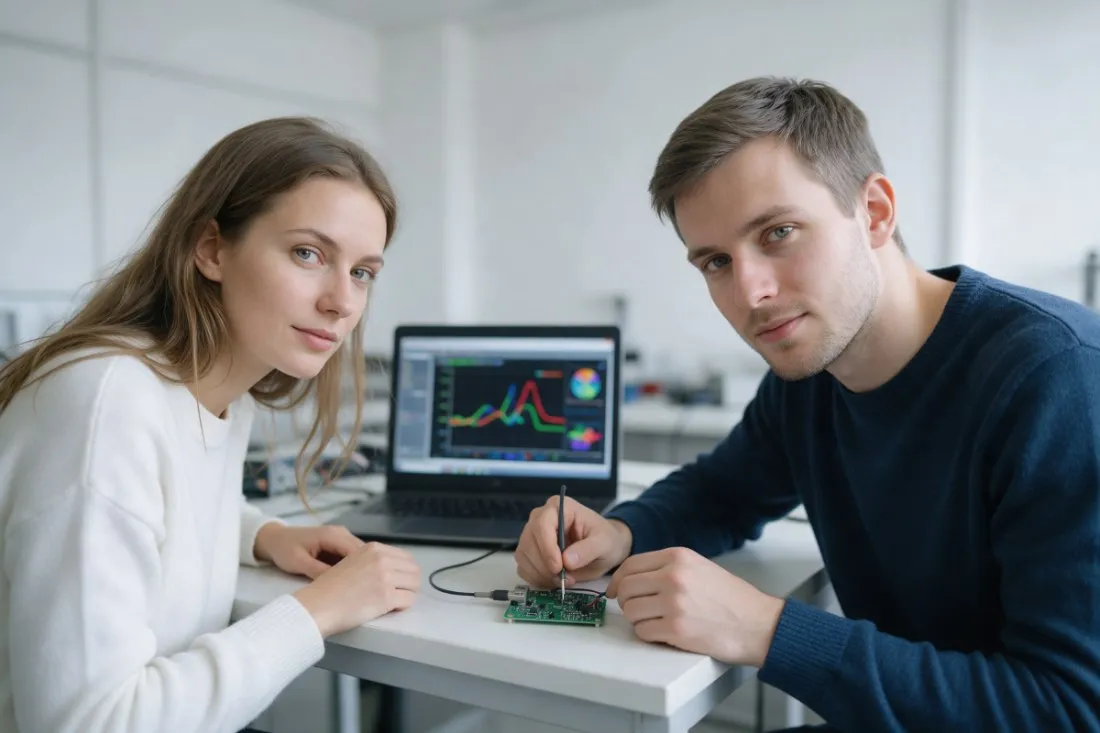 student-i-studentka-testuja-plytke-elektroniczna-z-laptopem