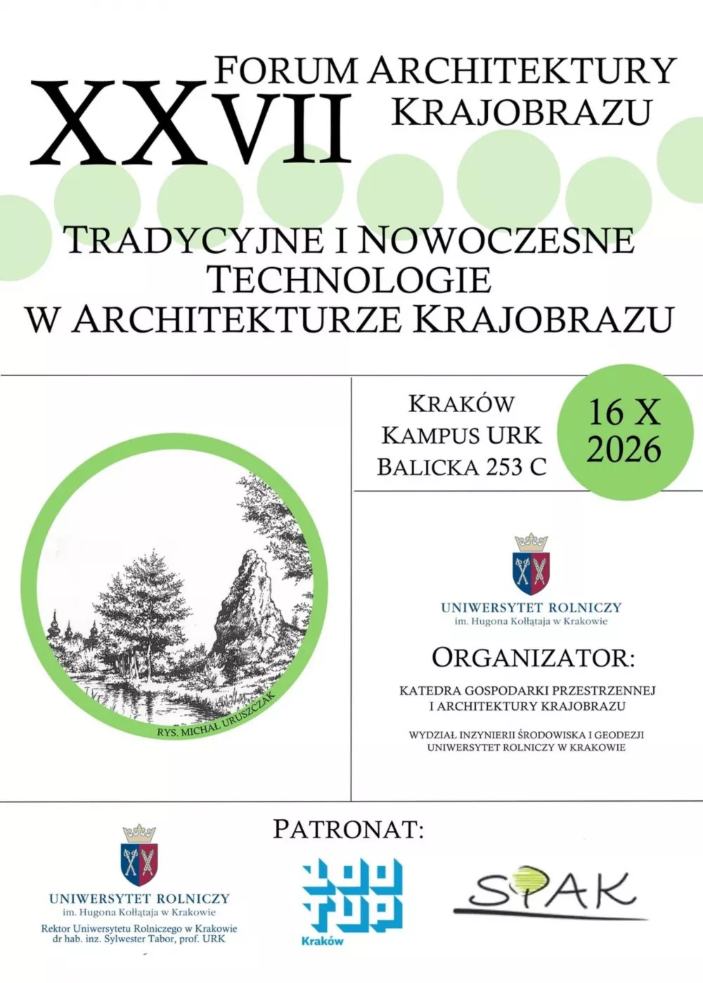 Plakat konferencji Forum Architektury Krajobrazu na Uniwersytecie Rolniczym w Krakowie