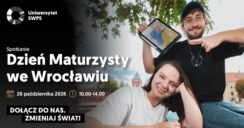 Grafika zapowiadajaca Dzien Maturzysty na Uniwersytecie SWPS we Wroclawiu.