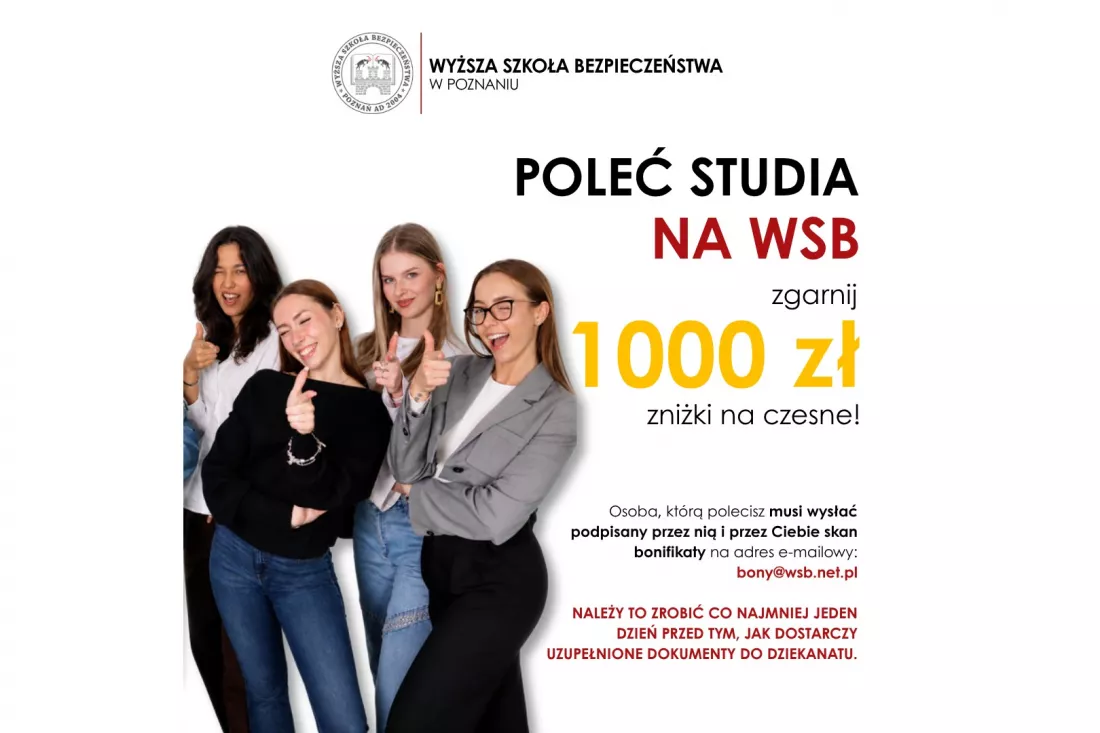 Grafika Wyzszej Szkoly Bezpieczenstwa: polec studia na WSB i zgarnij 1000 zl znizki na czesne