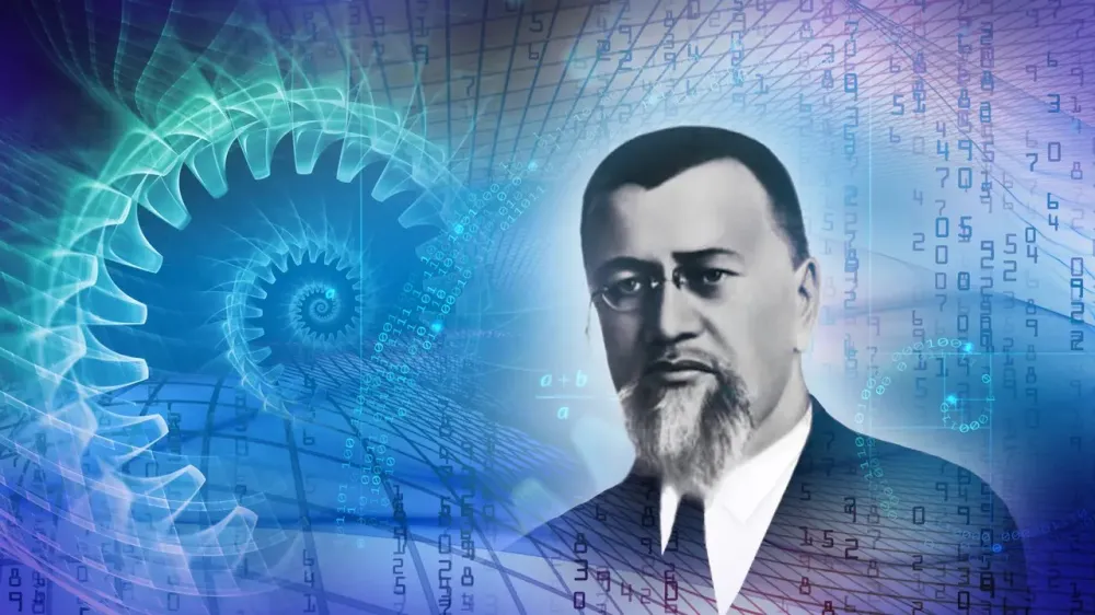 Grafika Święta Nauk Ścisłych w AGH – archiwalny portret prof. Antoniego Hoborskiego na tle matematycznej spirali