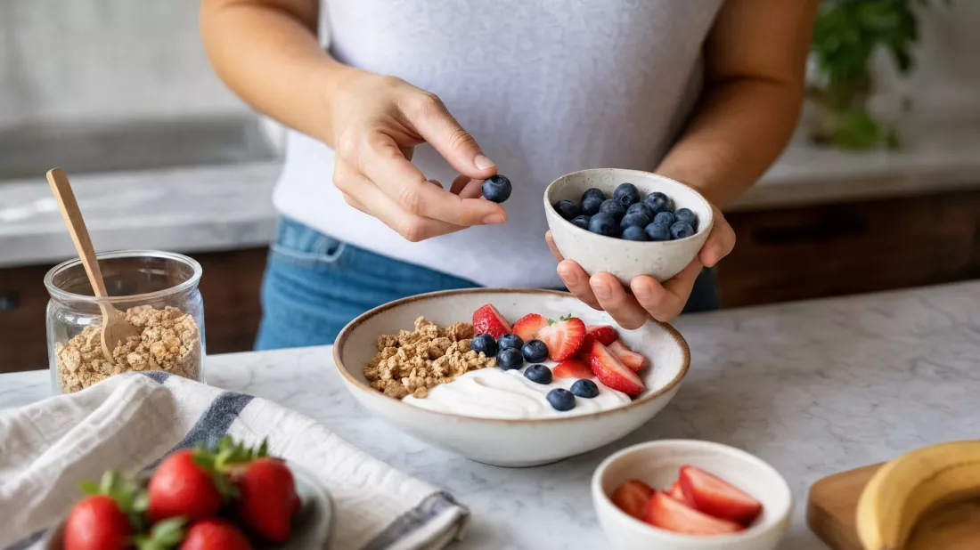Kobieta przygotowuje zdrowe sniadanie z jogurtem, granola i borowkami
